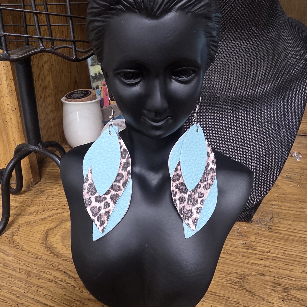Teal Blue & Leopard Layered Leather Earrings